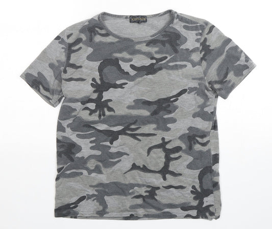Ayanapa Womens Grey Camouflage Viscose Basic T-Shirt Size 10 Round Neck