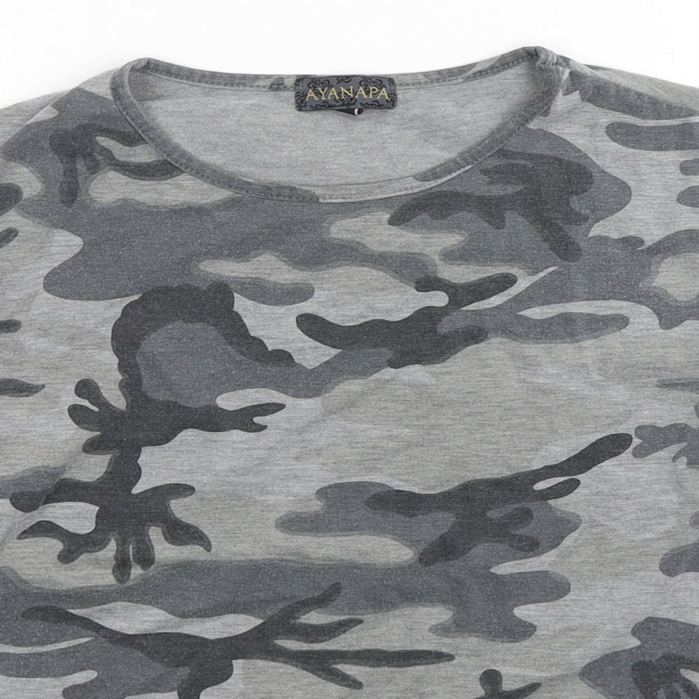 Ayanapa Womens Grey Camouflage Viscose Basic T-Shirt Size 10 Round Neck