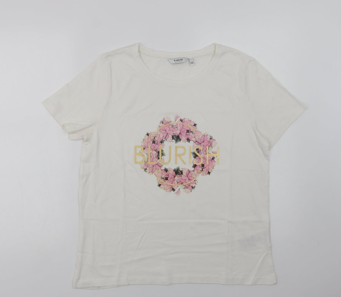 B. Young Womens White  Cotton Basic T-Shirt Size L Crew Neck - Blurish