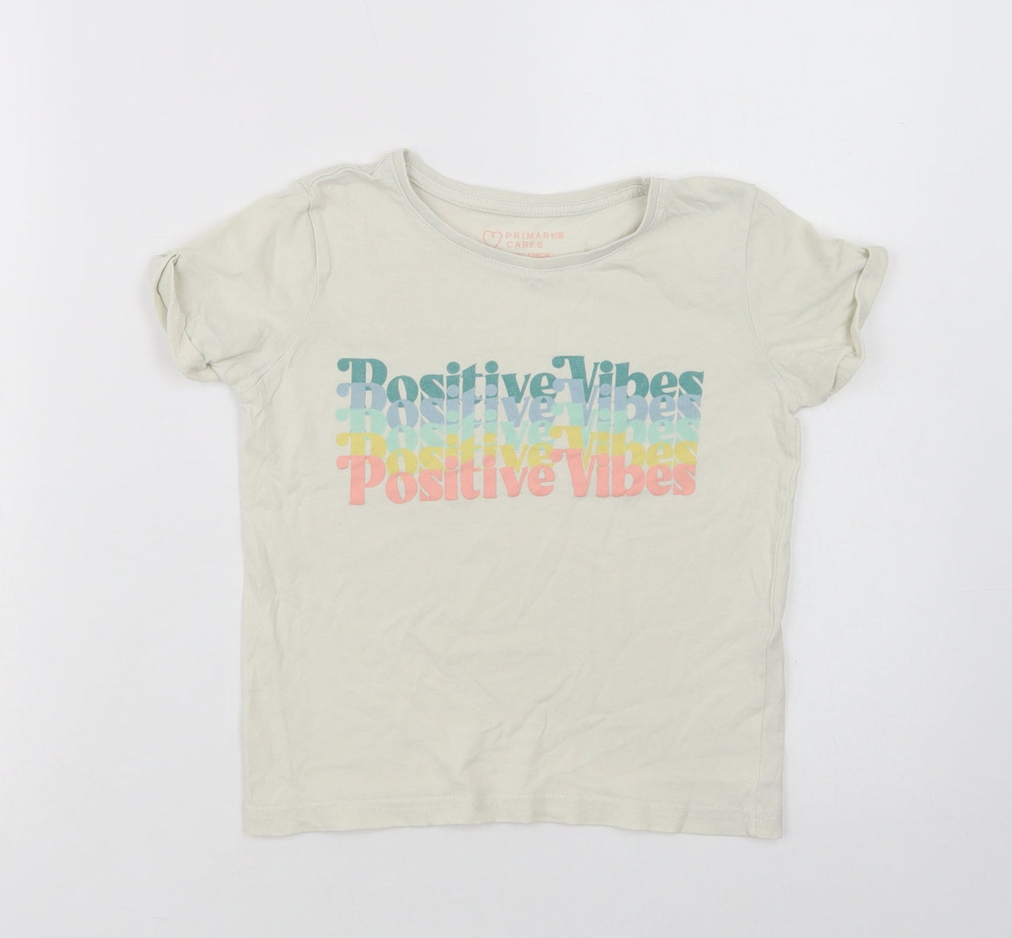 Primark Girls Ivory  Cotton Basic T-Shirt Size 7-8 Years Crew Neck  - Positive Vibes