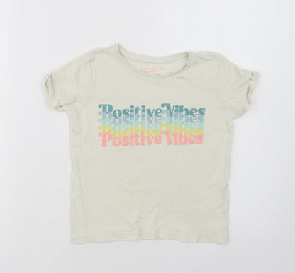 Primark Girls Ivory  Cotton Basic T-Shirt Size 7-8 Years Crew Neck  - Positive Vibes