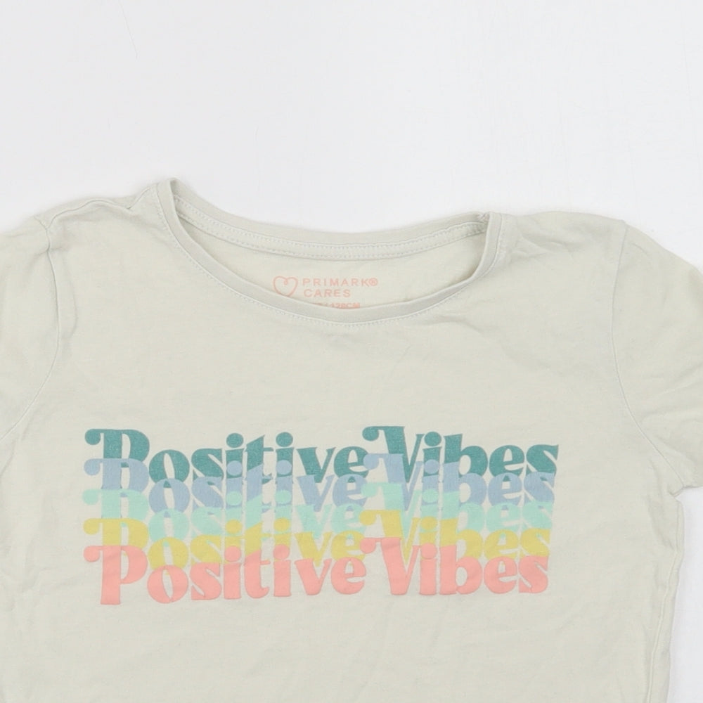 Primark Girls Ivory  Cotton Basic T-Shirt Size 7-8 Years Crew Neck  - Positive Vibes