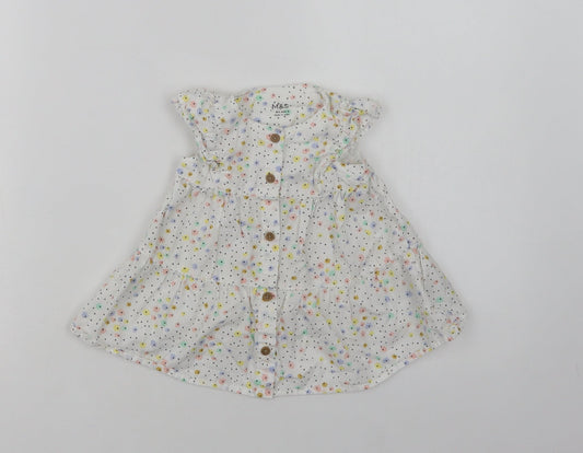 Marks and Spencer Baby White Floral Cotton A-Line  Size 3-6 Months  Crew Neck Button