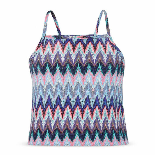 Front view of Atmosphere women’s blue geometric polyester basic tank, size UK 10, square neck