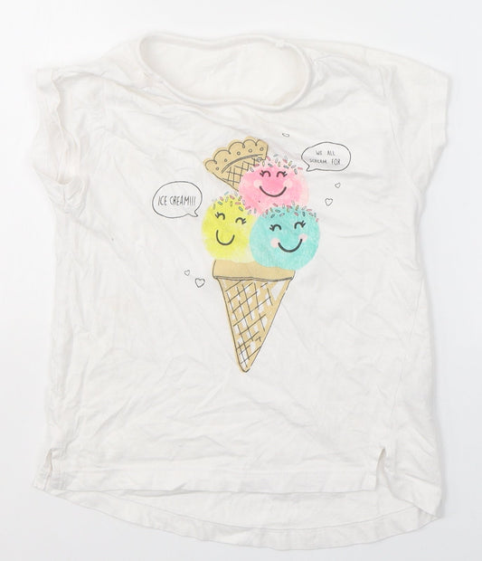 Dunnes Stores Girls White  Cotton Basic T-Shirt Size 7 Years Round Neck  - Ice Cream Print