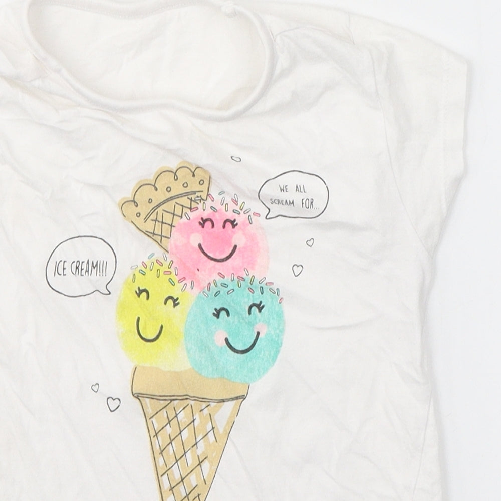 Dunnes Stores Girls White  Cotton Basic T-Shirt Size 7 Years Round Neck  - Ice Cream Print