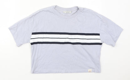 Pull&Bear Womens Blue Striped Cotton Cropped T-Shirt Size XS Crew Neck