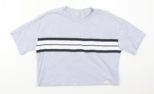 Pull&Bear Womens Blue Striped Cotton Cropped T-Shirt Size XS Crew Neck