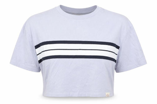 Front view of Pull&Bear women’s blue striped cotton cropped t-shirt, size XS, crew neck