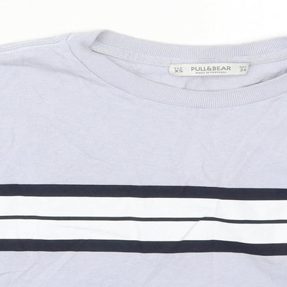 Pull&Bear Womens Blue Striped Cotton Cropped T-Shirt Size XS Crew Neck