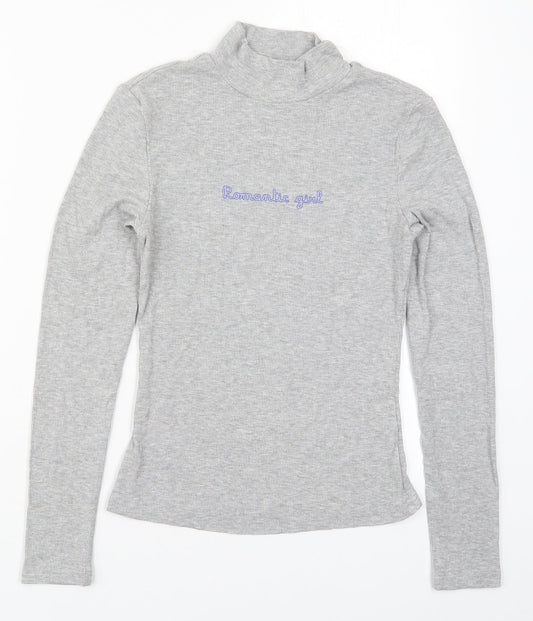 SheIn Womens Grey  Cotton Basic T-Shirt Size XS Mock Neck - Romantic Girl