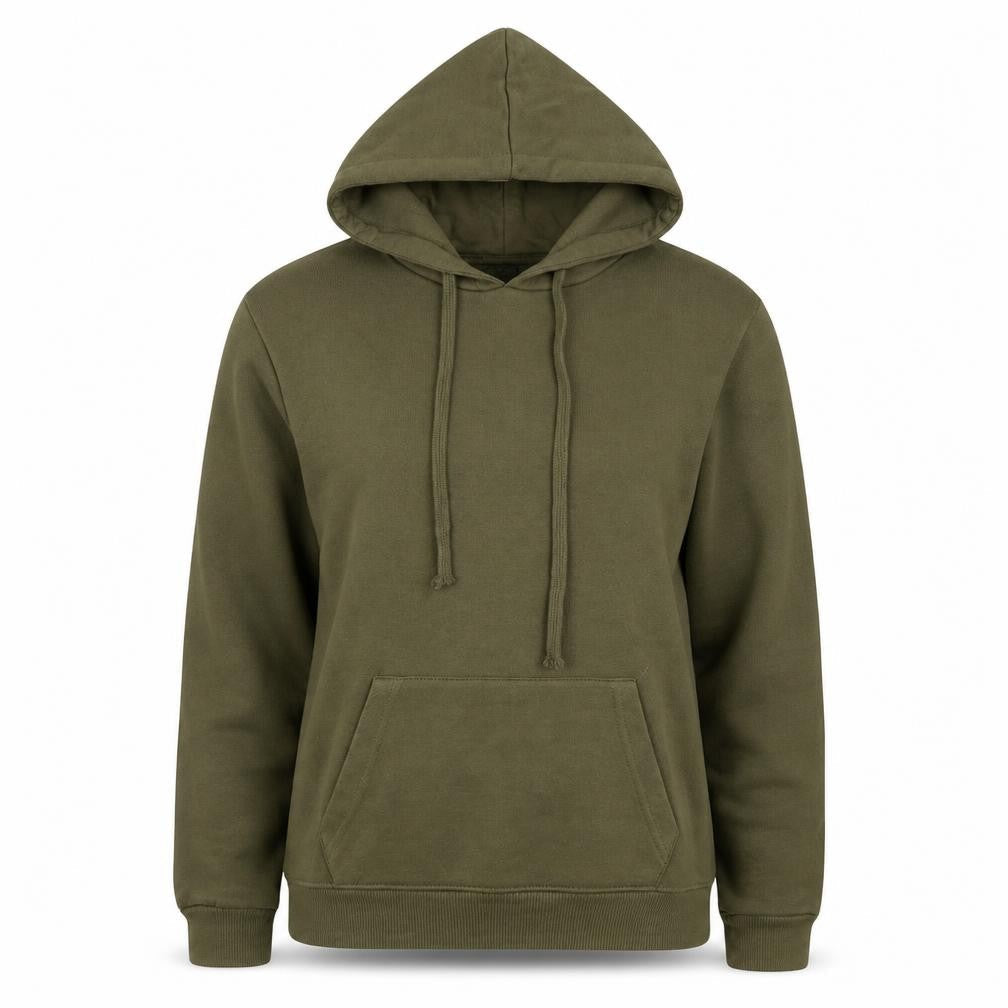 Front view of Boohoo women’s green cotton pullover hoodie, size UK 6, pullover
