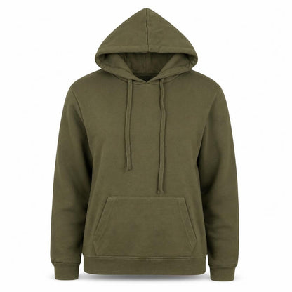 Front view of Boohoo women’s green cotton pullover hoodie, size UK 6, pullover