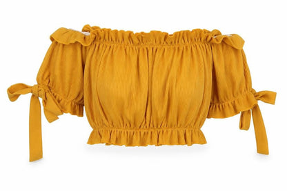 Front view of PRETTYLITTLETHING women’s yellow polyester cropped blouse, size UK 4, off the shoulder