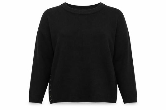 Front view of Capsule women’s black round neck acrylic jumper, size UK 12