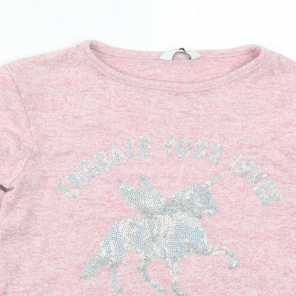 Primark Girls Pink  Viscose Basic T-Shirt Size 9-10 Years Round Neck Pullover - Embrace Your Inner Unicorn