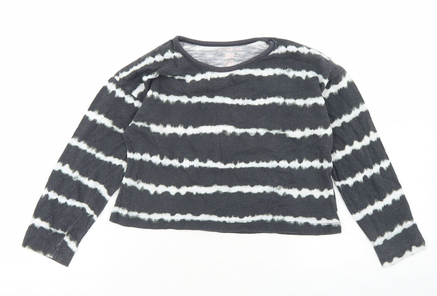 F&F Girls Grey Striped Cotton Cropped T-Shirt Size 6-7 Years Crew Neck