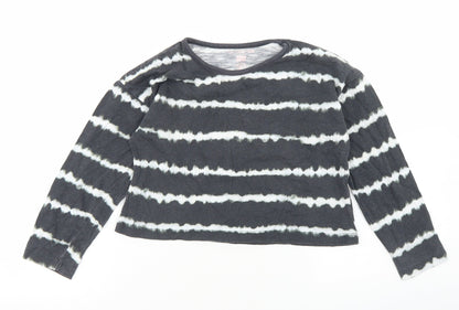 F&F Girls Grey Striped Cotton Cropped T-Shirt Size 6-7 Years Crew Neck