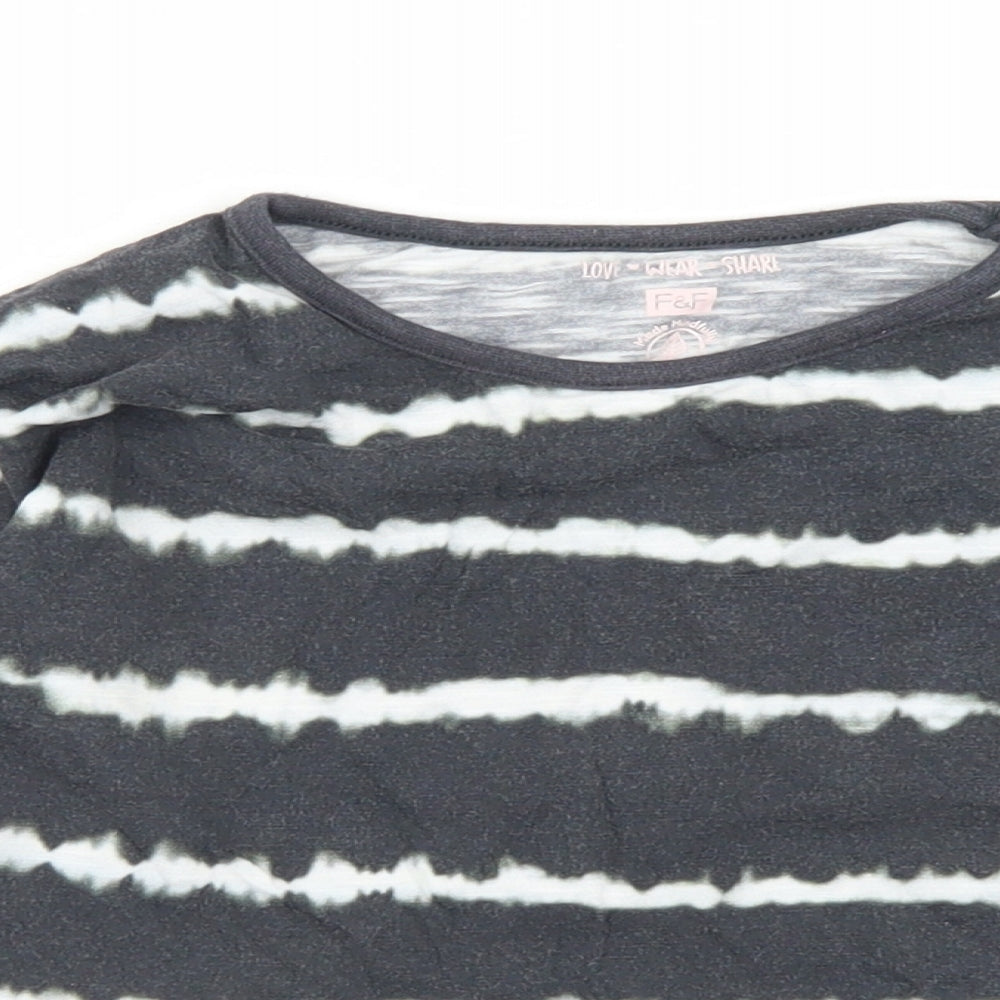 F&F Girls Grey Striped Cotton Cropped T-Shirt Size 6-7 Years Crew Neck
