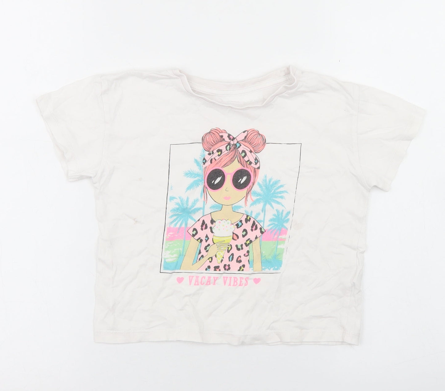 Dunnes Stores Girls White  Cotton Cropped T-Shirt Size 5-6 Years Crew Neck  - Vacay Vibes