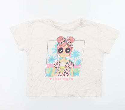 Dunnes Stores Girls White  Cotton Cropped T-Shirt Size 5-6 Years Crew Neck  - Vacay Vibes