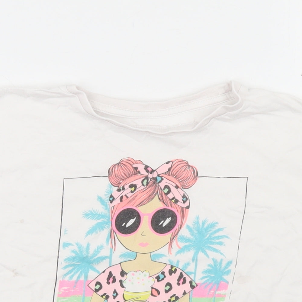 Dunnes Stores Girls White  Cotton Cropped T-Shirt Size 5-6 Years Crew Neck  - Vacay Vibes