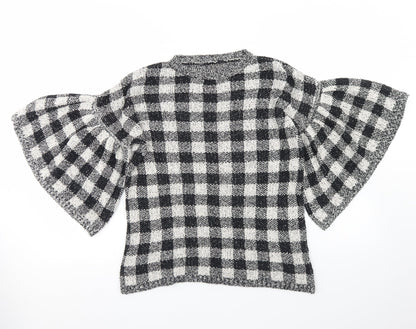 F&F Womens Black Crew Neck Check Cotton Pullover Jumper Size 6   - Flare Sleeve