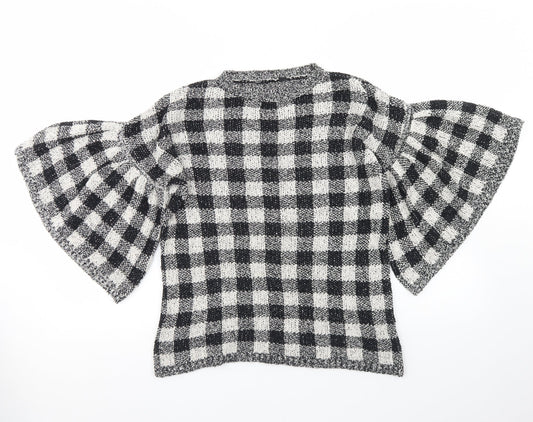 F&F Womens Black Crew Neck Check Cotton Pullover Jumper Size 6   - Flare Sleeve