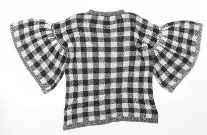 F&F Womens Black Crew Neck Check Cotton Pullover Jumper Size 6   - Flare Sleeve