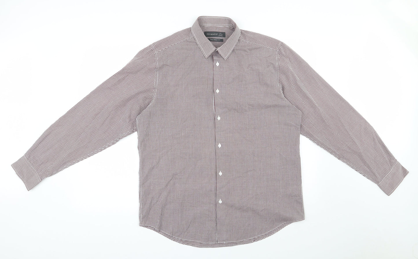 Primark Mens Red Check Polyester  Button-Up Size 16 Collared Button