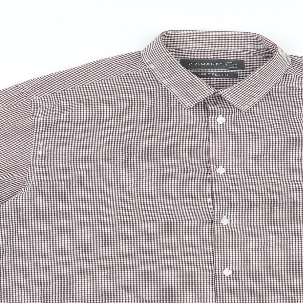 Primark Mens Red Check Polyester  Button-Up Size 16 Collared Button