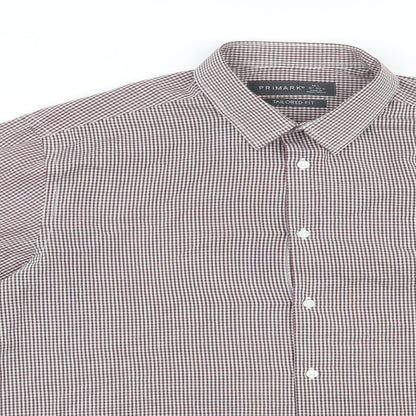 Primark Mens Red Check Polyester  Button-Up Size 16 Collared Button