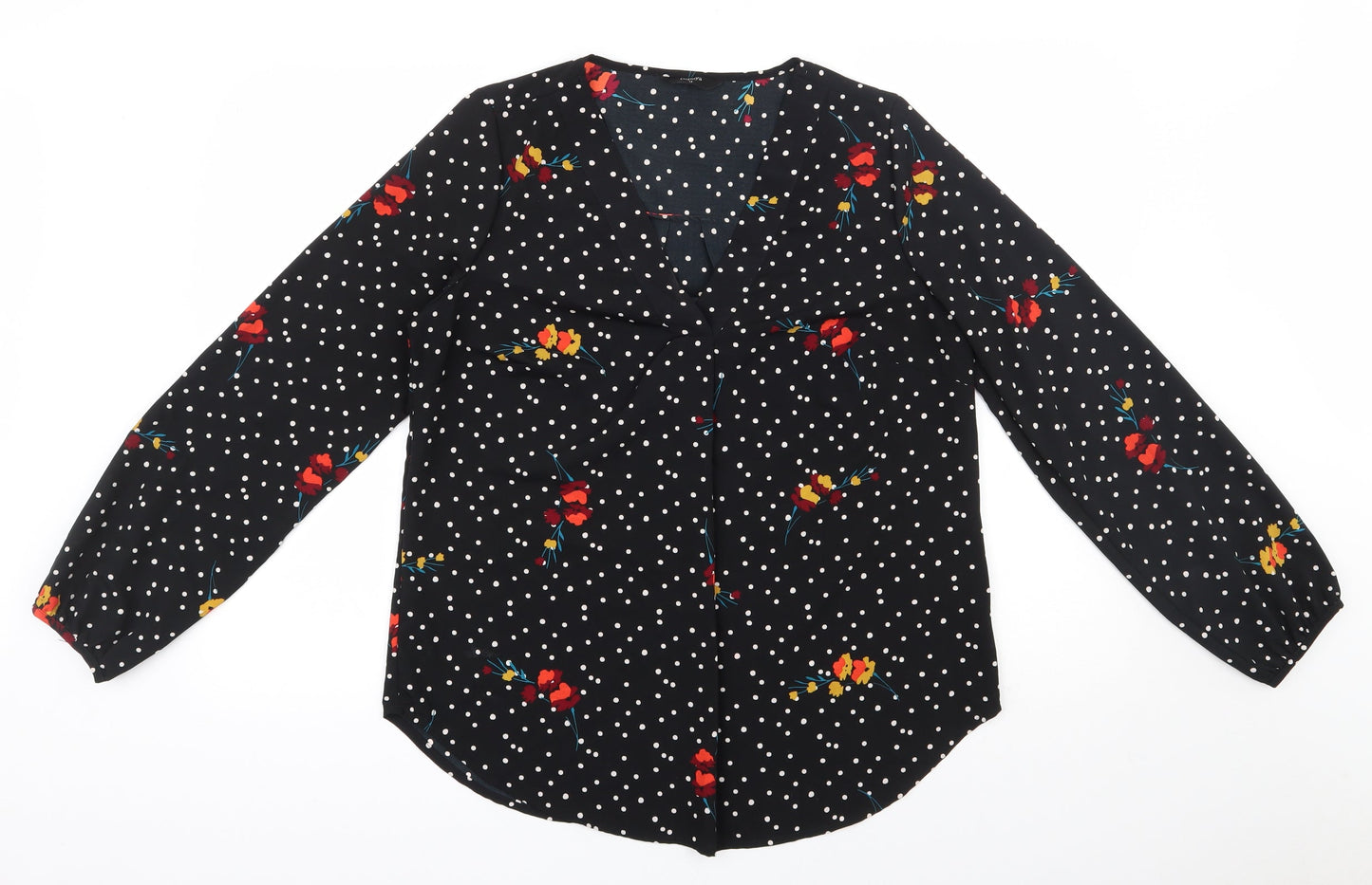 Papaya Womens Black Polka Dot Polyester Basic Blouse Size 12 V-Neck