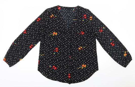 Papaya Womens Black Polka Dot Polyester Basic Blouse Size 12 V-Neck