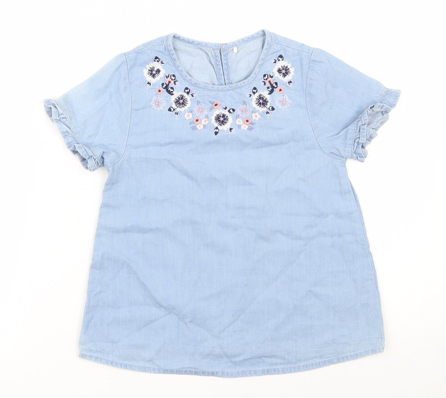 George Girls Blue  100% Cotton Basic Blouse Size 6-7 Years Round Neck Button - Flower embroidery