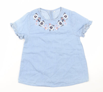 George Girls Blue  100% Cotton Basic Blouse Size 6-7 Years Round Neck Button - Flower embroidery