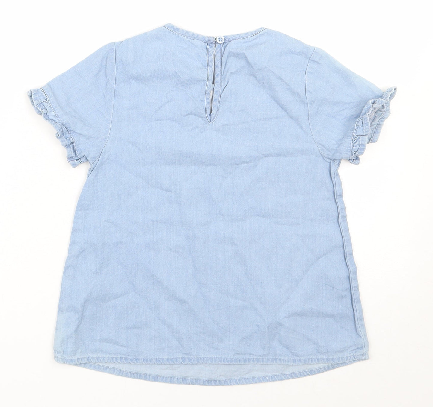 George Girls Blue  100% Cotton Basic Blouse Size 6-7 Years Round Neck Button - Flower embroidery
