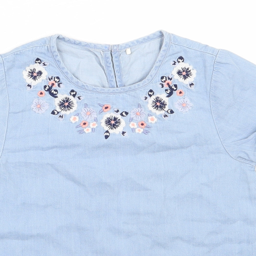 George Girls Blue  100% Cotton Basic Blouse Size 6-7 Years Round Neck Button - Flower embroidery