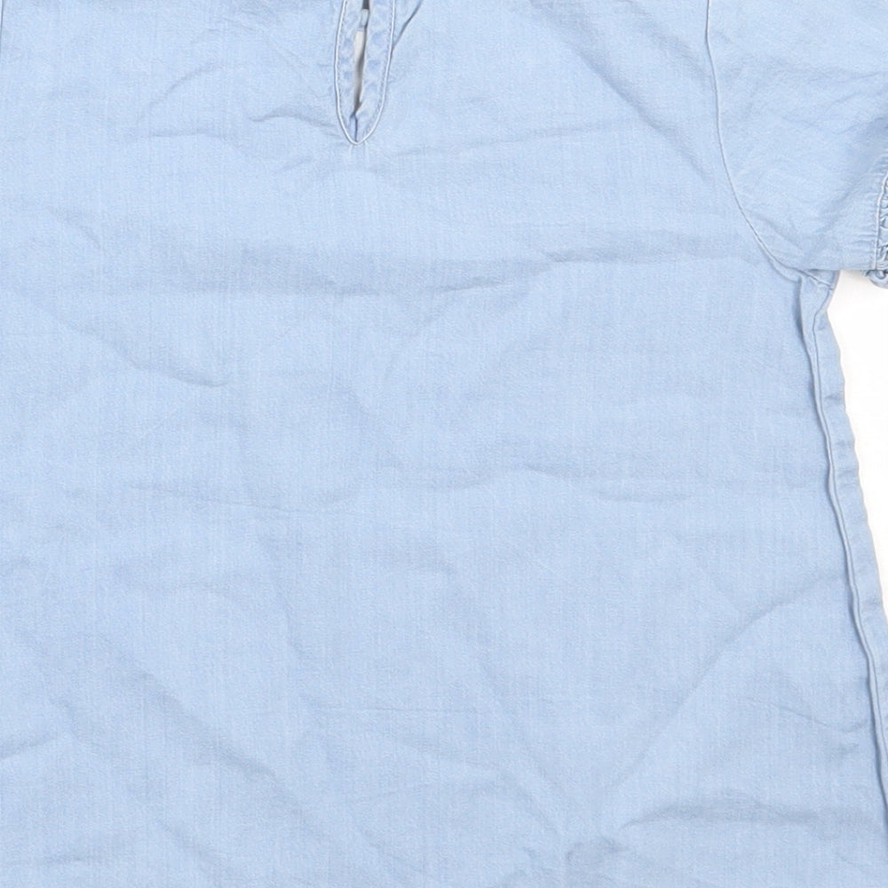 George Girls Blue  100% Cotton Basic Blouse Size 6-7 Years Round Neck Button - Flower embroidery