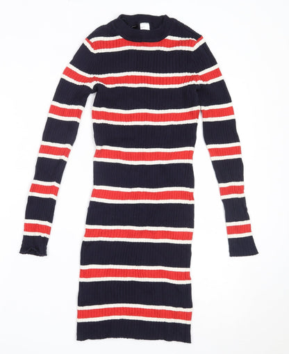 H&M Womens Blue Striped Cotton Bodycon  Size 38  Round Neck