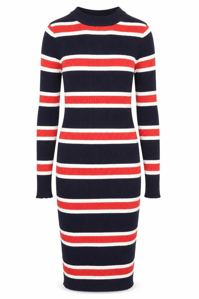 Front view of H&M women’s blue striped cotton bodycon, size UK 38, round neck