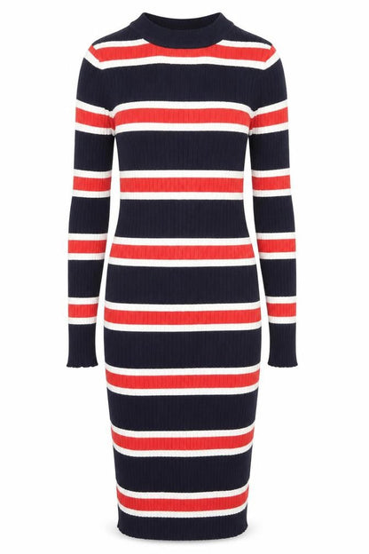 Front view of H&M women’s blue striped cotton bodycon, size UK 38, round neck