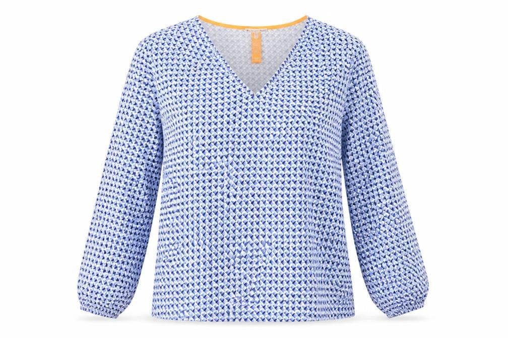 Front view of Street One women’s blue geometric viscose basic t-shirt, size UK 14, v-neck