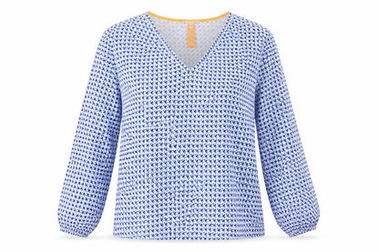 Front view of Street One women’s blue geometric viscose basic t-shirt, size UK 14, v-neck