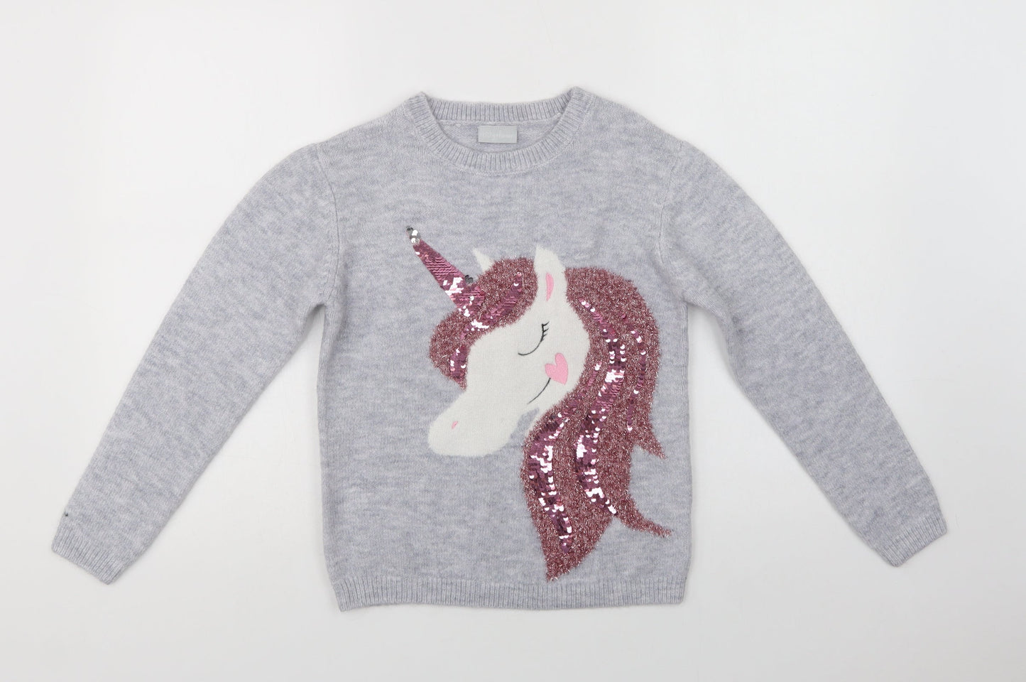 Matalan Girls Grey Crew Neck  Acrylic Shrug Jumper Size 10 Years   - Unicorn