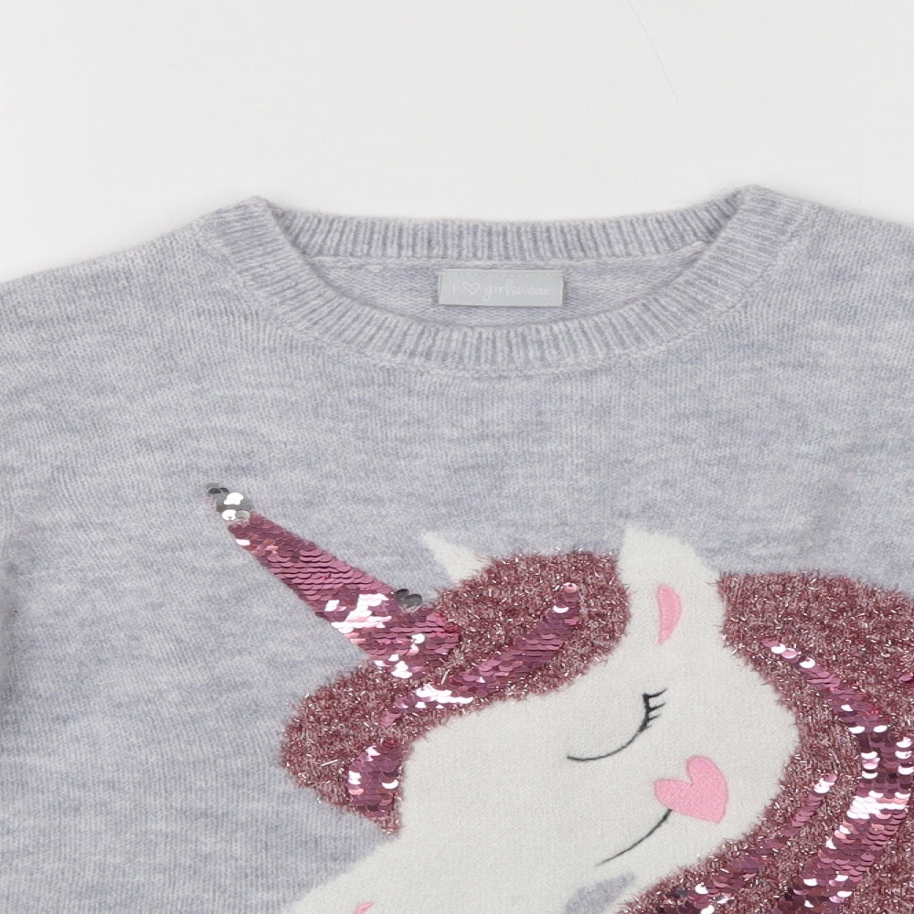 Matalan Girls Grey Crew Neck  Acrylic Shrug Jumper Size 10 Years   - Unicorn