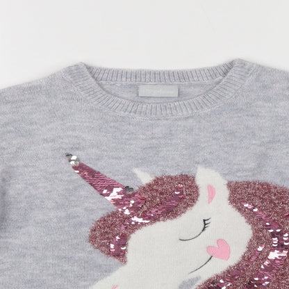 Matalan Girls Grey Crew Neck  Acrylic Shrug Jumper Size 10 Years   - Unicorn