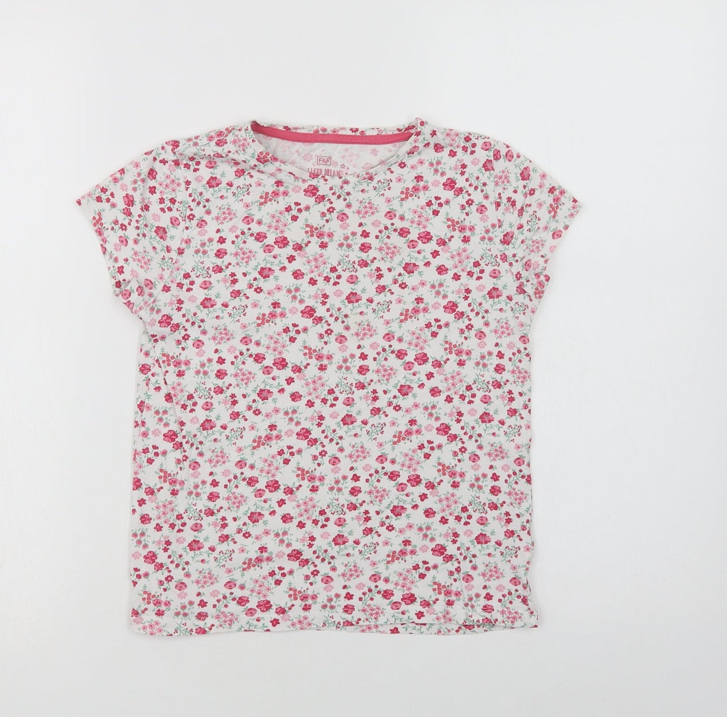 F&F Girls White Floral Cotton Basic T-Shirt Size 8-9 Years Crew Neck