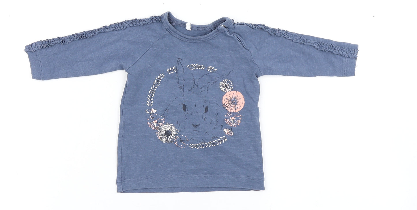 name it Girls Blue  Cotton Basic T-Shirt Size 0-3 Months Round Neck Snap - Bunny
