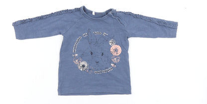 name it Girls Blue  Cotton Basic T-Shirt Size 0-3 Months Round Neck Snap - Bunny